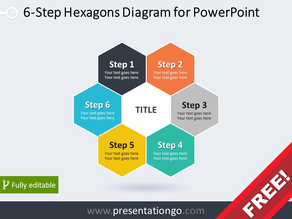 Free diagram for PowerPoint with 6 hexagonal pieces