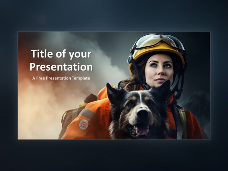 Preview of the Search and Rescue PowerPoint Template featuring a female first responder and her canine companion.