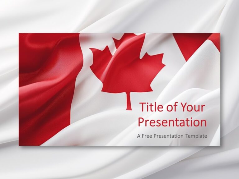 Vista previa destacada de la plantilla de PowerPoint de la bandera canadiense con un fondo de bandera gris ondulado.