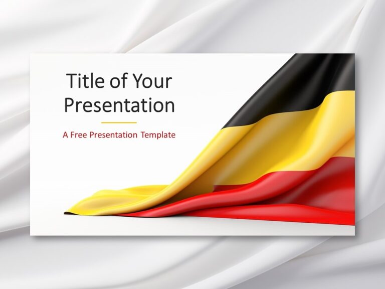 Vista previa de una plantilla de PowerPoint de la bandera alemana ondeante con un fondo neutro sutil.