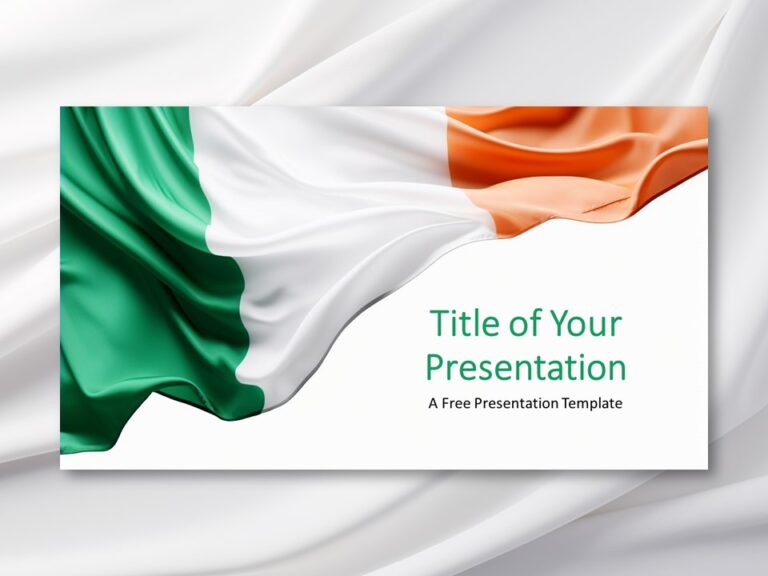 Imagen destacada mostrando la Plantilla de la Bandera de Irlanda para PowerPoint con un fondo de bandera neutra ondulada en gris.