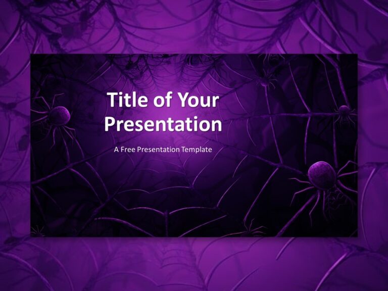 Vista previa destacada de la Plantilla Web de Halloween para PowerPoint con un diseño de telaraña púrpura.