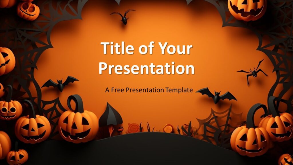 Cover slide preview of the Spooky Night Halloween Template showcasing carved jack-o-lanterns and flying bats.