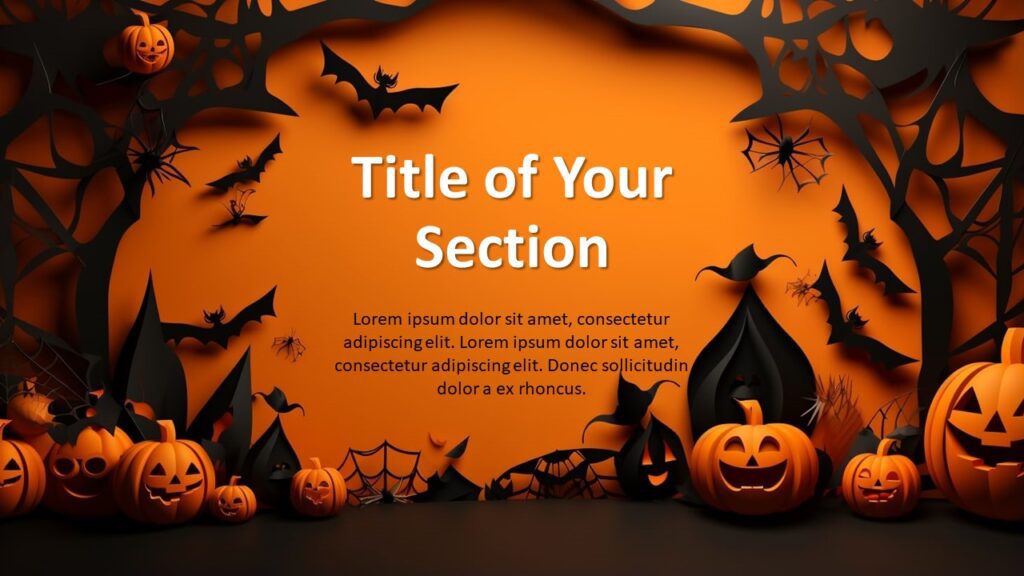 Section slide preview of the Spooky Night Halloween Template with gradient orange-black background.