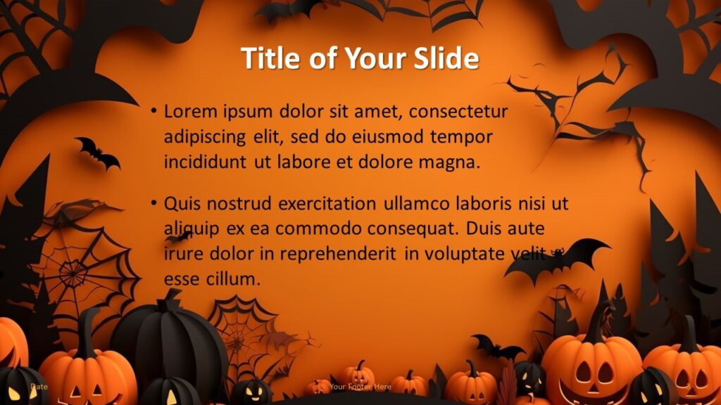 Preview of the title and content slide of the Spooky Night Halloween Template with spooky design elements.