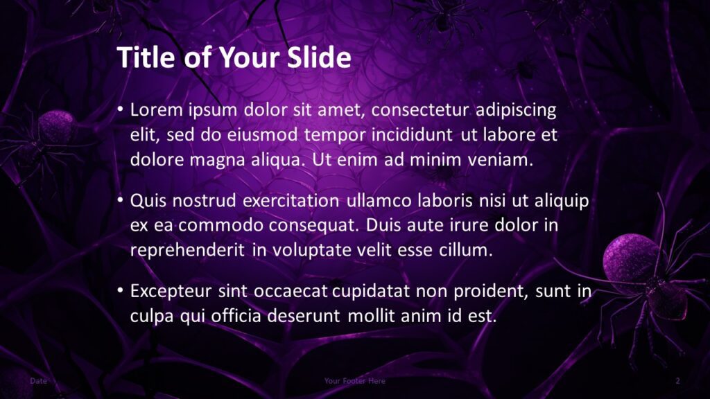 Snapshot of the title and content slide of the Halloween Web Template showcasing a purple spider web design and theme.