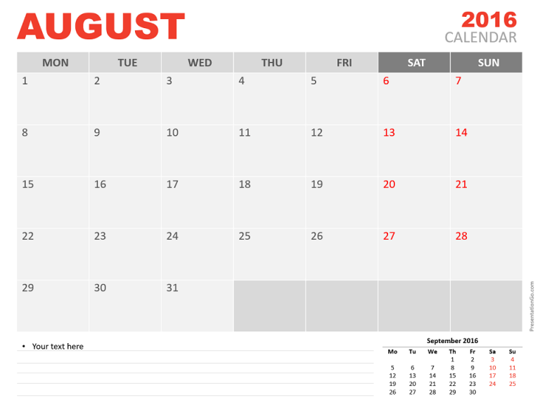 Free August 2016 PowerPoint Calendar Start Monday