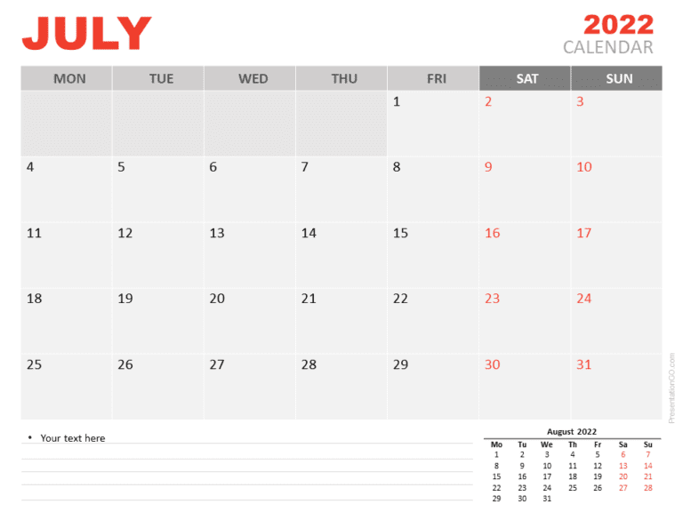 Free Calendar 2022 July for PowerPoint