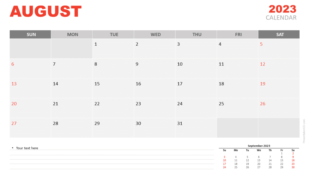Free Calendar 2023 August Template for PowerPoint and Google Slides