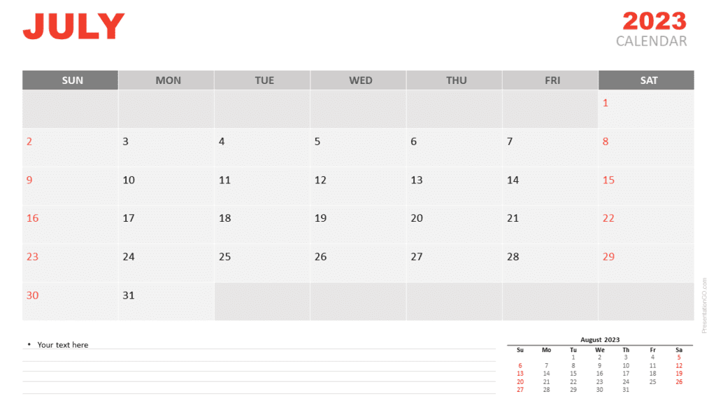 Free Calendar 2023 July Template for PowerPoint and Google Slides