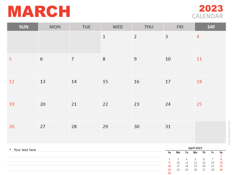 Free Calendar 2023 March Template for PowerPoint