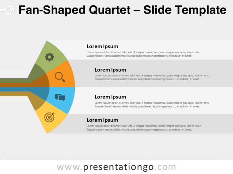 Una vista previa de la plantilla de diapositiva Cuarteto en Forma de Abanico editable para PowerPoint, que muestra cuatro secciones con iconos y texto personalizables.