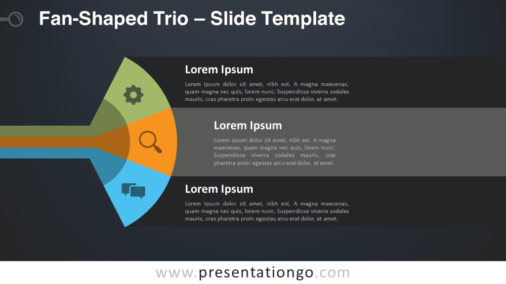Widescreen dark background preview of the Fan-Shaped Trio slide template for PowerPoint and Google Slides.