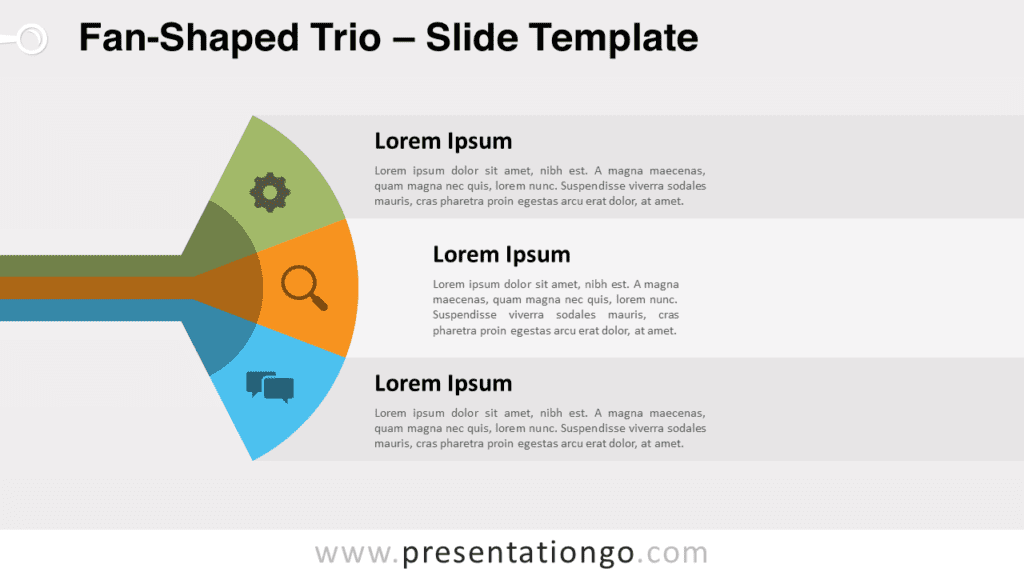 Widescreen layout preview of the Fan-Shaped Trio slide template for PowerPoint and Google Slides.