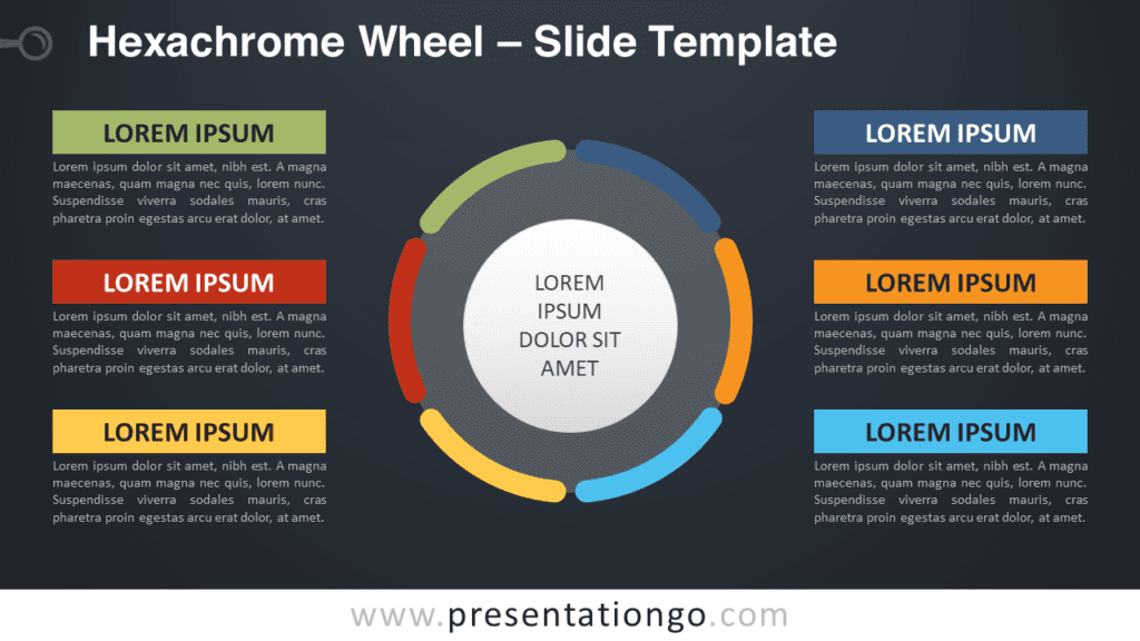 Widescreen preview of Hexachrome Wheel template with a dark background for PowerPoint and Google Slides