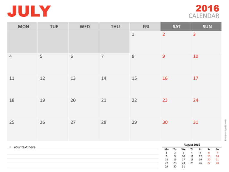 Free July 2016 PowerPoint Calendar Start Monday