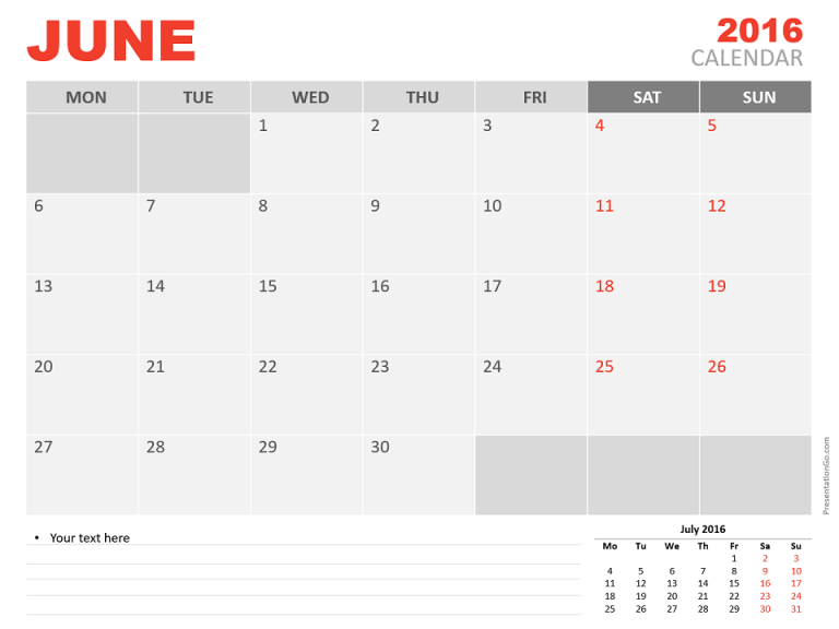 Free June 2016 PowerPoint Calendar Start Monday