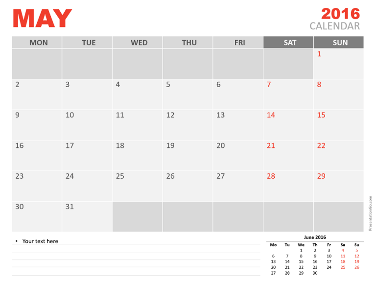 Free May 2016 PowerPoint Calendar Start Monday