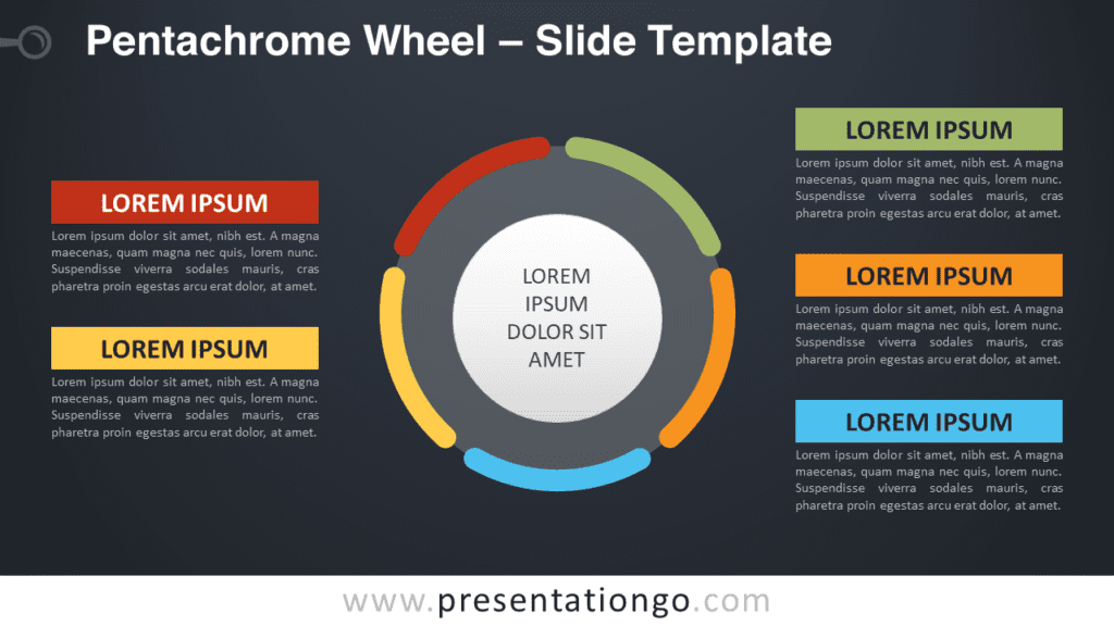 Widescreen preview of Pentachrome Wheel template with a dark background for PowerPoint and Google Slides