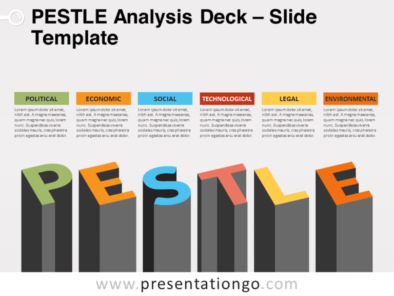 Featured template slide showing the PESTLE acronym in vibrant colors.