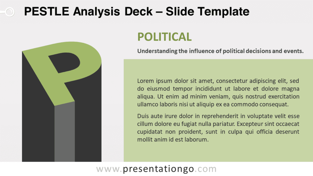 Detailed widescreen slide concentrating on the 'Political' aspect of the PESTLE analysis.