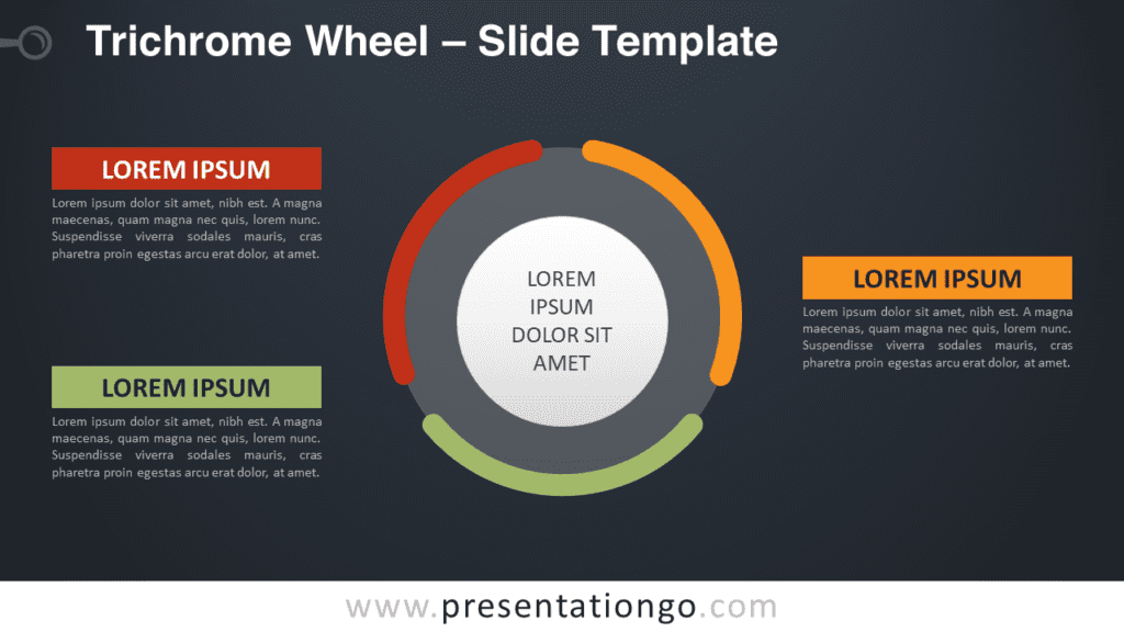 Widescreen preview of Trichrome Wheel template with a dark background for PowerPoint and Google Slides